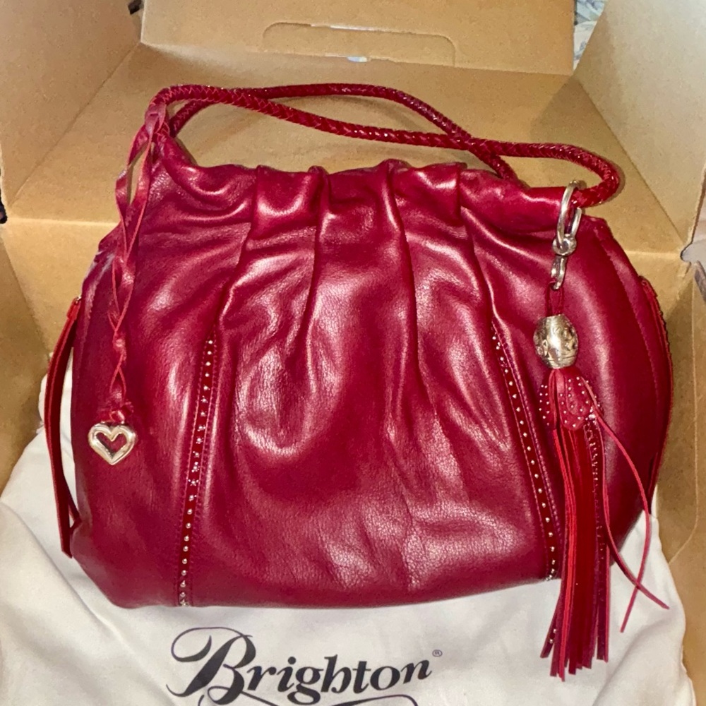Brighton Greta Red Leather Satchel with Tassel Accents w/ Zebra Print Lining